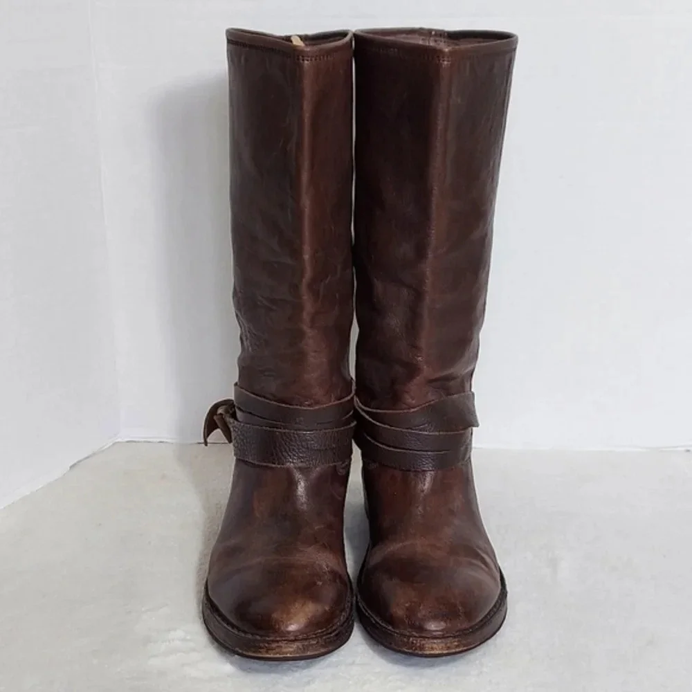 Vintage Shoe Company Distressed Brown Leather Boots Wrap Around Buckle Straps
